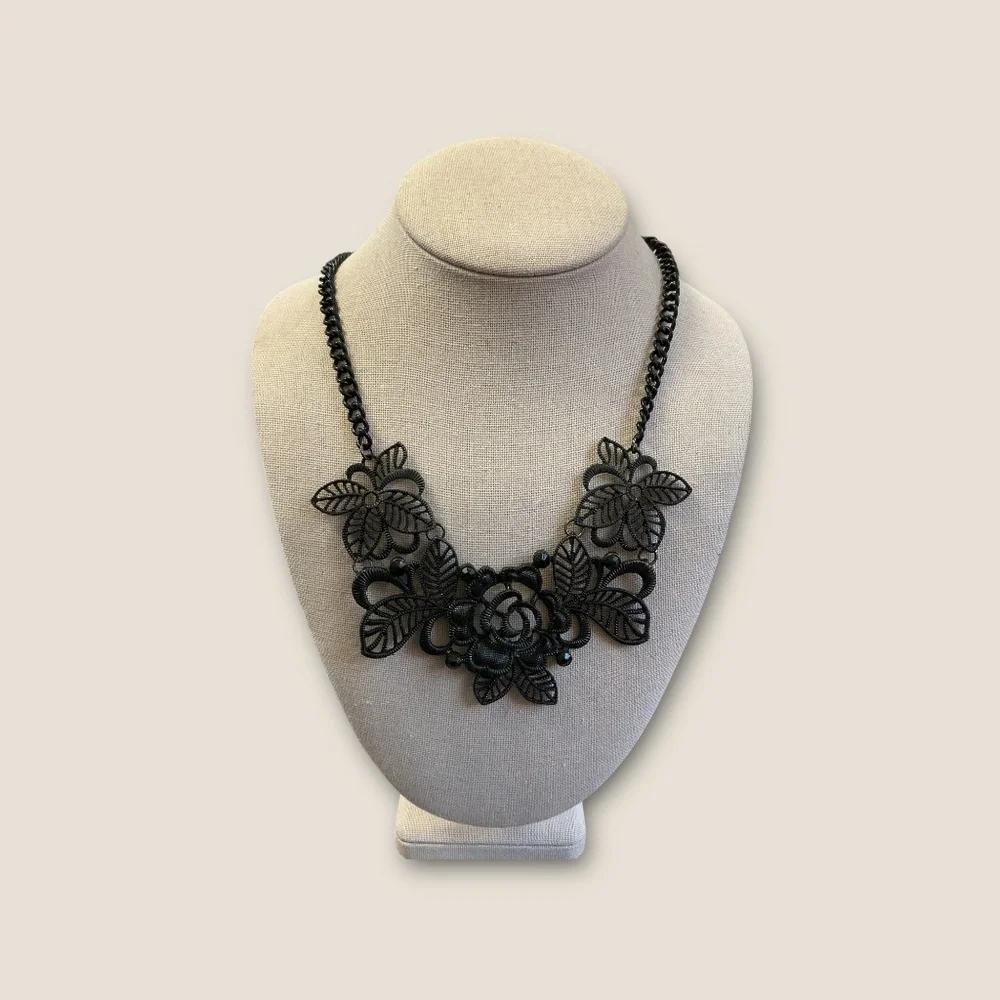 Black Panel Floral and Rhinestone Necklace